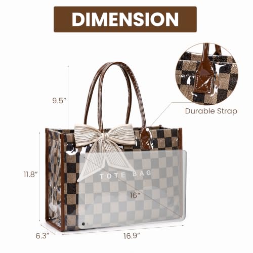 Lushandy PVC Tote Bag Women's Waterproof Jelly Beach Bag Work Hobo Handbag - color: Checkered-brown02