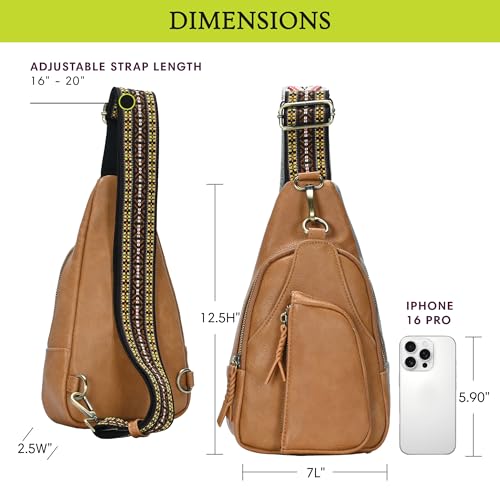 MMS Brands Antik Kraft Tasha Webbing Strap Sling | Vegan Leather Crossbody Sling Bag for Women with 16-20" Strap | - color: Camel