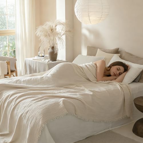 Muslin Fringe Blankets for Adults: 100% Cotton Cloud Soft Super King - color: Beige, size: Super King (108" × 98")