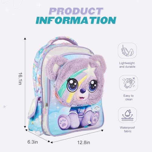 KidsPUNK Backpack for Girls Elementary:16 Inch Cute Bear School Bookbag - color: 16 Inch Purple Bear