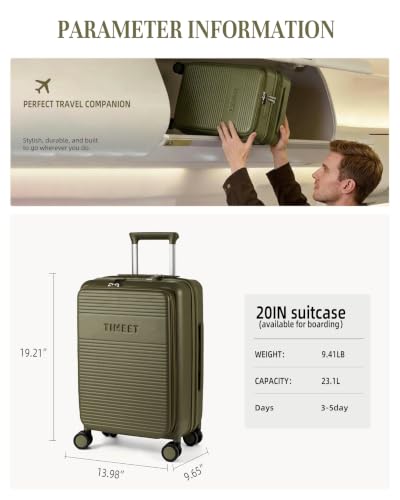 Timeet Carry On Luggage, 20 Inch Airline Approved Matte PC Hard Shell Suitcase with Front Open Compartment, TSA008 Lock, Built-in USB Charging, Lightweight Silent Spinner Wheels, Olive Green - color: Olive Green, size: 20 inch front open