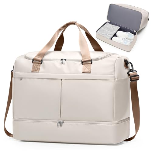 Travel Duffel Bag with Shoe Compartment,Overnight Weekender Bags for Women - color: Beige & Brown