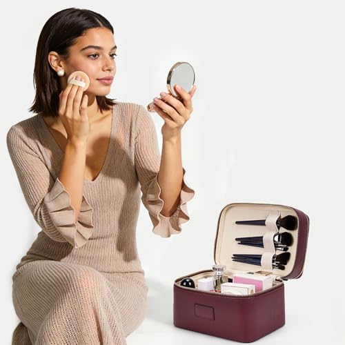 HiTotes Large Makeup Bag Duo Vanity Case for Women Leather Makeup Case Travel Toiletry Bag Portable Double Layer Cosmetic Bag - color: Burgundy