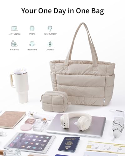 Narwey Nylon Puffer Tote Bag for Women, Quilted Work Nurse Teacher Tote Bag - color: Khaki