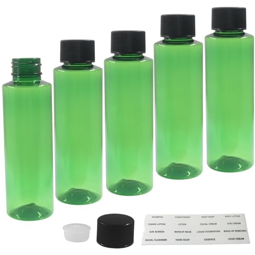 BokWin Green 3.4 oz Empty Plastic Travel Bottles, 5 Pack | For Toiletries, Refillable Squeeze Containers, Easy-to-Read Labels, For Shampoo Conditioner Lotion - color: Green