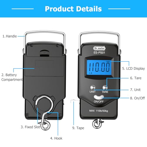 Dr.meter Fish Scale, 110 lb Digital Luggage Scale with Tape - color: Black