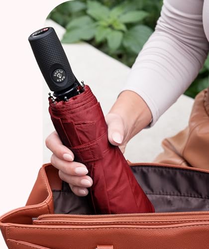Windproof Travel Umbrella - Compact & Withstands Winds up to 100MPH, Strongest Premium Auto Folding Umbrella for Rain and Sun - Durable, Light & Portable for Women & Men, Fits Backpack & Cars - color: 10. Red
