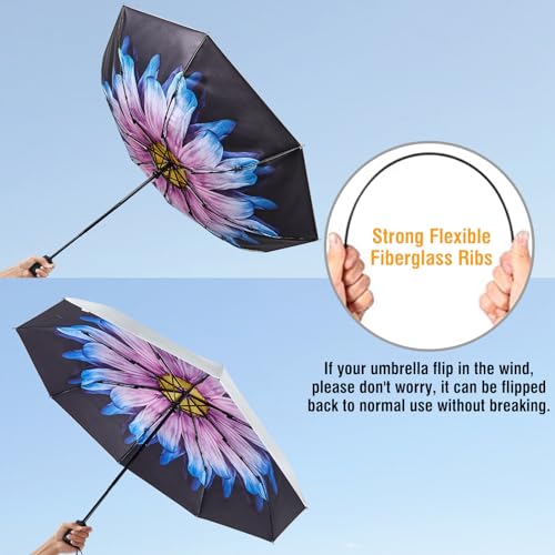G4Free UPF 50+ UV Protection Travel Umbrella 42/46 Inch Auto Open Close - color: Purple Daisy/Silver, size: 46 inch