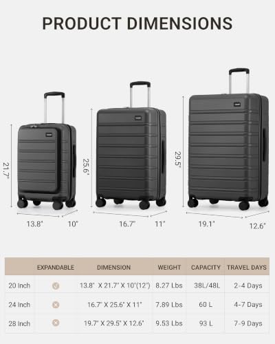 TAKUMI Suitcases with Wheels, Expandable Carry on Luggage, 3 Piece Set - color: Grey, size: 20/24/28 Inch - 3-Piece Set