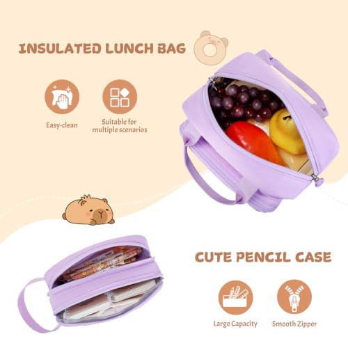 Capybara Rolling Backpack for Girls with Lunch Box & Pencil Case - color: Purple