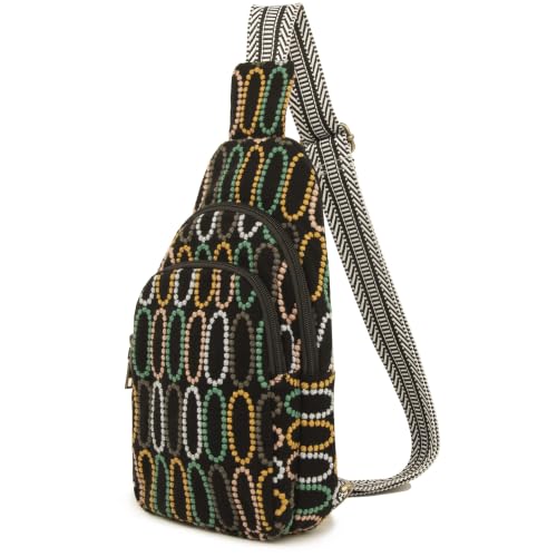 SILKAREA Canvas Sling Bag for Wome Crossbody Purse Small Sling Backpack Purse Travel Hiking Chest Bag Daypack - color: Embroidered Black
