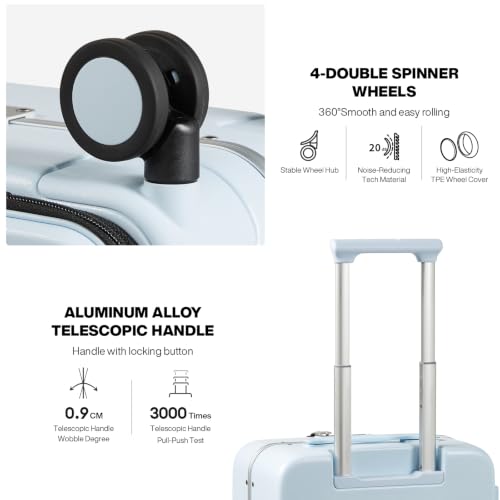 mixi Carry On Luggage, 18” Suitcase with Front Pocket, Travel Luggage Aluminum Frame PC Hardside with Spinner Wheels & TSA Lock and Cover (Not for Underseat), Glacier Blue - color: Glacier Blue, size: 18-inch