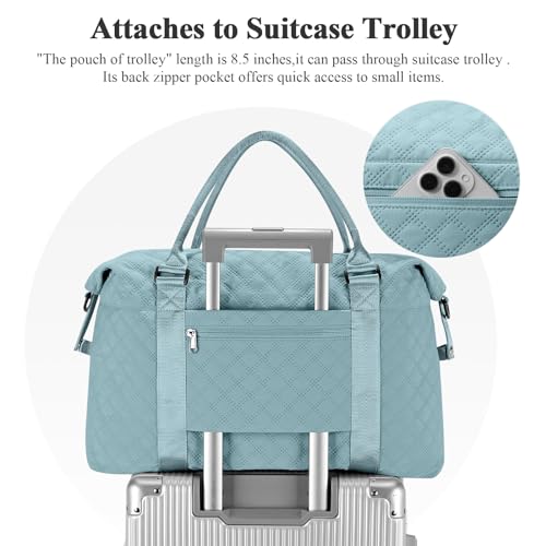 Travel Duffel Bag, Carry On Overnight Weekender Bags for Women | Travel Bag with Wet Pocket & Trolley Sleeve, For Spirit Airlines 18x14x8 Personal Item Bag - color: B2-Grid-Light Blue with Toiletry Bag, style: Travel Bag