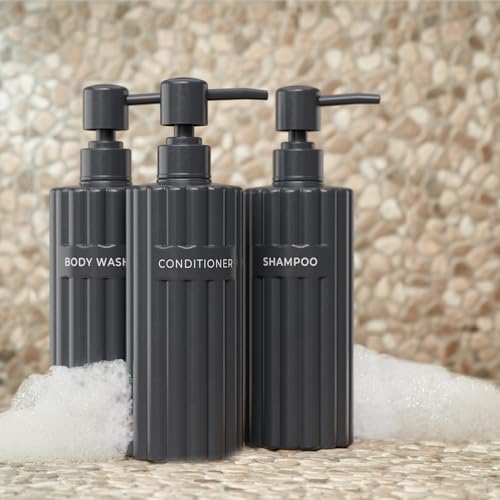 Stylish Shampoo & Conditioner Dispenser Set of 3 - Fluted 19oz Bottles - color: Black
