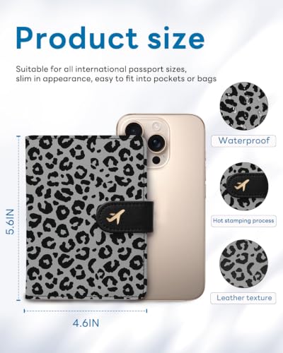 RFID Passport Holder with Tracker Slot, Leather Travel Wallet - color: Leopard Print