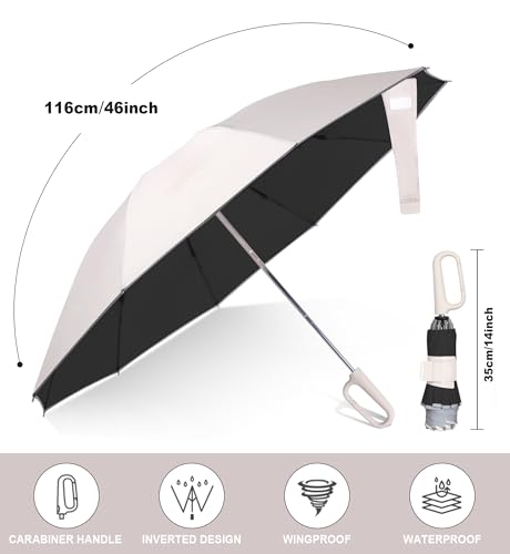QWB Inverted Umbrella with Auto Open Close Windproof Compact Travel - color: UV-Beige, size: 46 IN