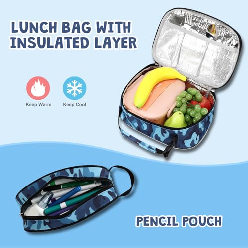 ACESAK 3PCS Camo Backpack for Boys with Lunch Box Pencil Case - color: Camo Blue