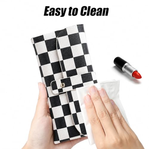Faux Leather Glasses Pouch, Portable Bag for Sunglasses travel glasses bag - color: Black and White Grid