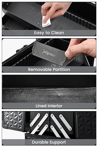 Joligrace Makeup Train Case Professional Cosmetic Organizer Aluminum Storage Box with 4 Adjustable Dividers Trays Lockable Portable with Shoulder Strap - color: Black