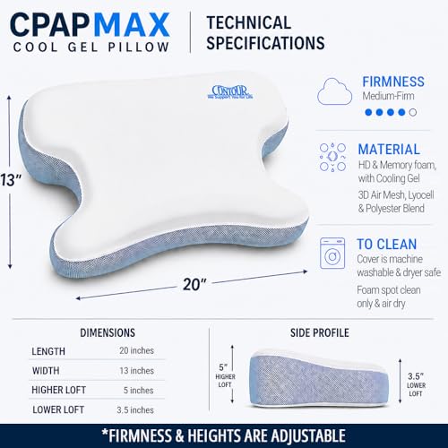 Contour CPAPMax Cooling Gel Pillow - Adjustable Memory Foam Support Pillow for Side, Back & Stomach Sleepers - for CPAP Users - Helps Reduce Air Leaks, Dryness & Mask Discomfort - Ergonomic Design - size: Cool Gel