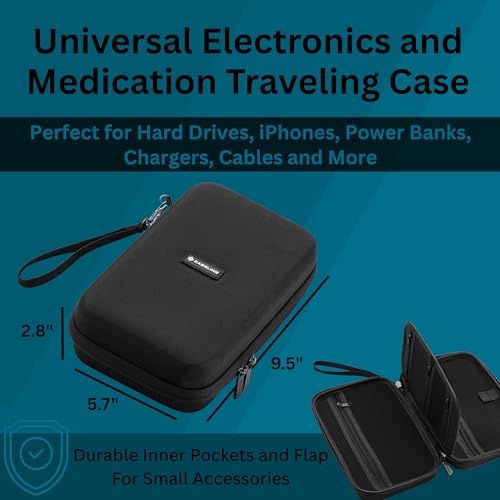Caseling Hard EVA Electronics Travel Organizer – Shockproof Protective Carrying Case for Chargers, Power Banks & Cables – Compact 9.5” x 5.7” Travel Storage with Wrist Strap, Black - size: 9.5 x 5.7 x 2.8 inches