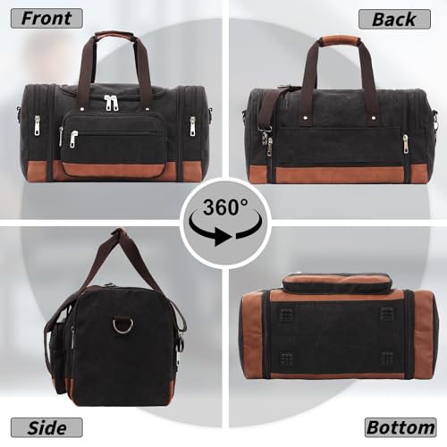 Men'S Duffle Bag For Travel, Expandable Canvas Duffel Bags Overnight Weekend Gym Carry On Luggage Bag For Men(Black) - color: Black