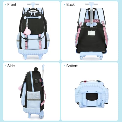Bevalsa Rolling Backpack for Girls, 3PCS Roller School Backpack Set - color: Black Blue