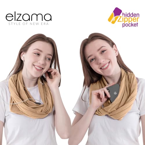 elzama Infinity Loop Solid Color Scarf With Hidden Zipper Pocket For Women - Lightweight Travel Neck Wrap - color: 10-camel