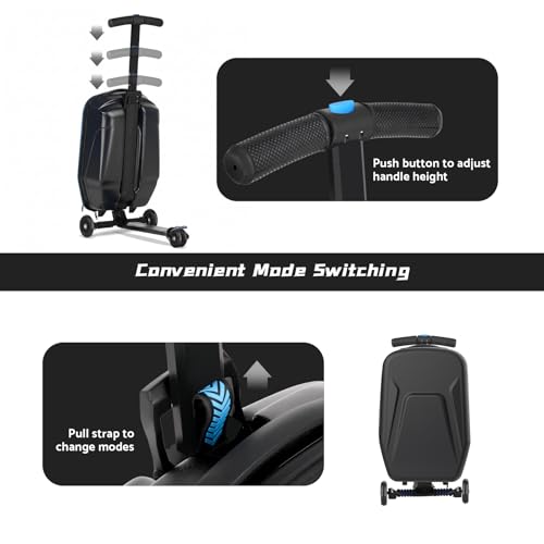 Scooter Suitcase for Kids Ages 8-12& Adult Foldable 2 in 1 Ride on Carry on Travel Hardshell Trolley Scooter Luggage With Wheels 20" - color: Black