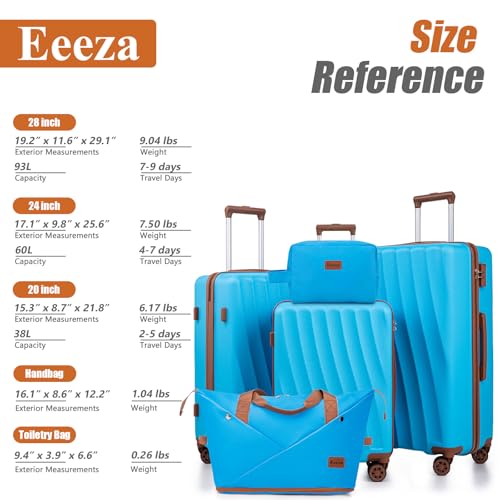 Eeeza Luggage Sets 5 Piece Suitcases with Wheels(SkyBlue, 20"/24"/28"DB/TB) - color: Sky Blue, size: 5 Piece Sets (20/24/28/DB/TB)