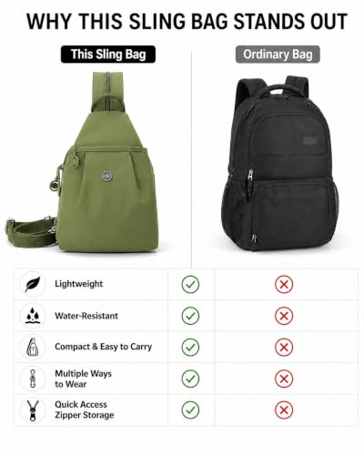 Sling Backpack for Women, Water-Resistant Crossbody Chest Bag for Travel, Work, Gym, Students & Daily Use - color: Avocado Green