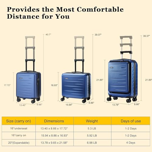 CENSIEN Expandable 16 Inch Underseat Carry On Luggage Airline Approved - color: Navy Blue, size: 16 Inch Underseat EXT