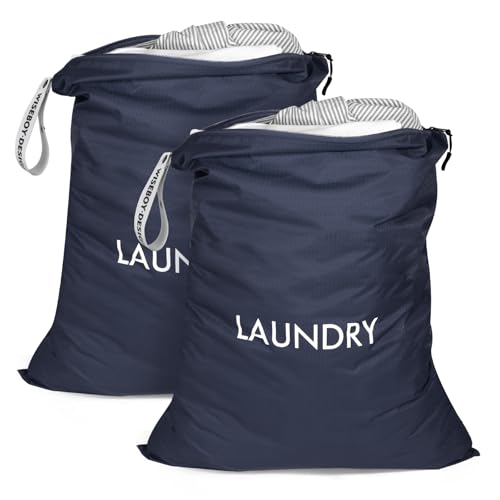 WiseBoy 2 Pack Laundry Bags, Travel Laundry Bag for Dirty Clothes, Zippered - color: Navy Blue