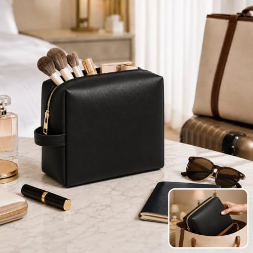 3PCS PU Leather Makeup Bag, Large Travel Cosmetic Pouch, Cute Toiletry Organizer for Women, Black - color: Black 3pc
