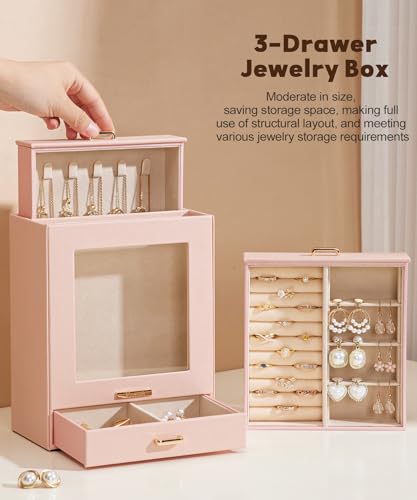 Homde Display Jewelry Box for Girls: Starter Organizer with Clear Window - color: Peach Pink + Gold