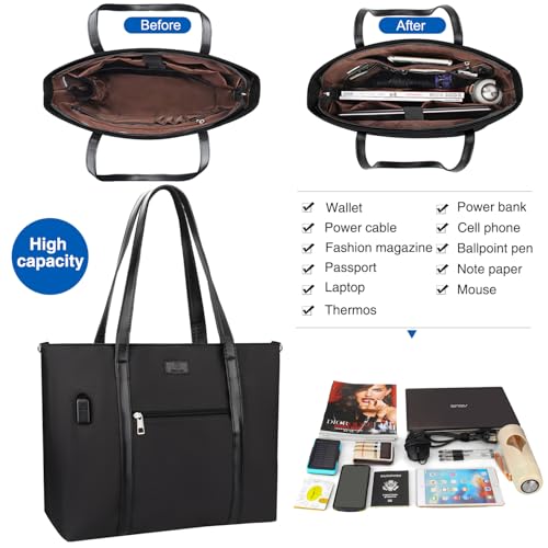 TANTO Laptop Tote Bag for Women 17.3 In, Travel Computer Bag with USB Port - color: 02-black
