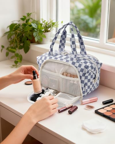 Narwey Travel Toiletry Bag for Women, Large Makeup Cosmetic Organizer Bag - color: Greyish Blue Checkerboard