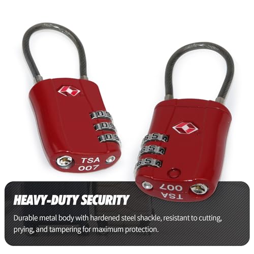 Zoofen 1 Pack Cable Luggage Locks TSA Approved,3-Digit Combination Lock with Alloy Body,TSA Accepted Padlock for Luggage/Suitcase/Backpack/Lockers/Bags/Gym(ZJY-821,Red) - color: Red