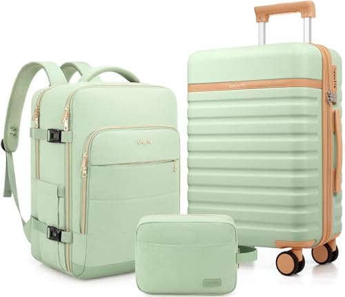 UKEIN Luggage Sets 3Piece, Carry On Luggage 20in Suitcase Set With Backpack - color: Light Green, size: 3 piece set (BP/20inch)