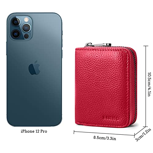 Linno RFID 20 Slots Credit Card Holder Genuine Leather Small Wallet for Women or Men with Zipper - color: Red