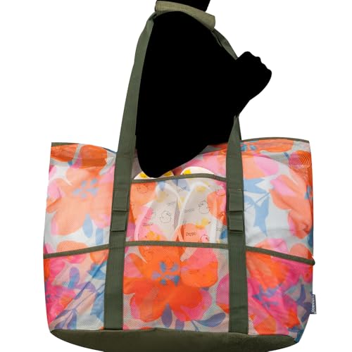 KABAQOO Mesh Beach Bag, Extra Large Beach Bags with 9 Pockets & Zipper Waterproof Lightweight Beach Tote for Beach/Pool Trip - color: Flower 2, size: Large