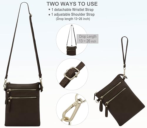 Solene Small Crossbody Bag for Women, Multi Zip Pockets with Detachable Wristlet, Lightweight Travel Purse, Cell Phone Pouch - color: Coffee
