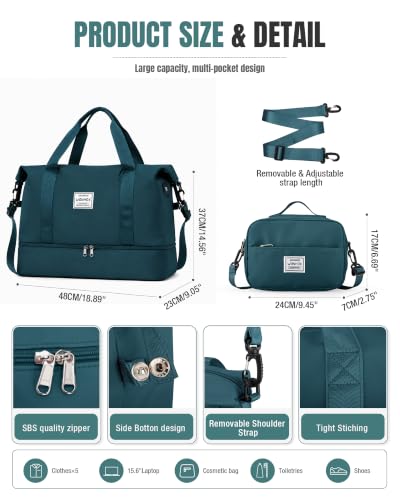 Weekender Bags for Women Travel Weekend Overnight Bag with Shoe Compartment - color: A -Peacock Blue