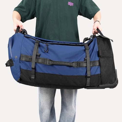 29 Inch Foldable Wheeled Duffle Bag, Waterproof Rolling Travel Bag - color: Navy