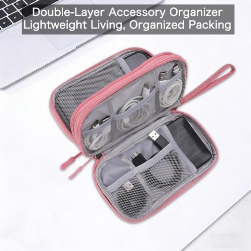 Universal Cable Organizer - Electronics Accessories Bag for USB Drives, Power Adapter, Earphones, Cords etc, Double Layer, Pink