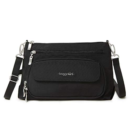 Baggallini Original Everyday 11x7.5 Crossbody Bags Rfid Protected Lightweight Nylon Zippered Travel Purse - color: Black With Sand Lining, style: Slim Strap