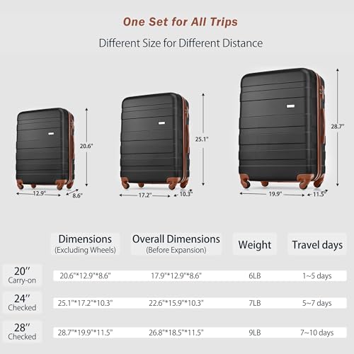 Luggage Sets, 3 Pcs Hardside Lightweight Suit case with Spinner Wheels & Lock - color: Brown Black, size: 20/24/28 Inch