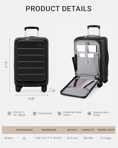 TAKUMI Suitcases with Wheels, Expandable Carry on Luggage, Black, 20 Inch - color: Black, size: 20 Inch