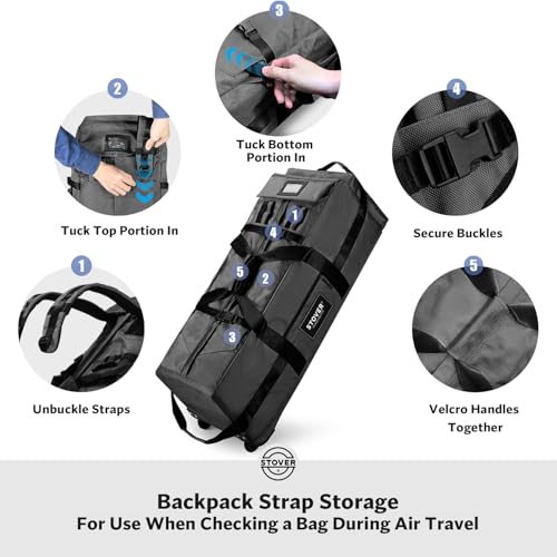 STOVER 45/80/100L Rolling Duffel Bag with Wheels, Large Durable Travel Duffle + Toiletry Bag, Heavy Duty, Packable with Shoulder Straps- Use as Luggage or Backpack, Men/Women (Black) - color: Black