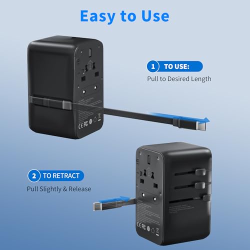70W GaN Universal Travel Adapter - 6-in-1 International Plug Adapter Wall Charger for 200+ Countries, Built-in USB-C Cable Multi Port Fast Charging Worldwide - US/EU/UK/AUS